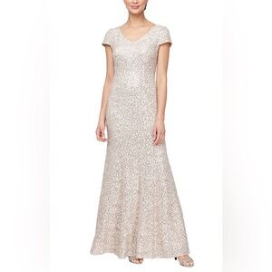 Alex Evenings Corded Lace‎ Fit & Flare V-Neck Gown with Cap Sleeves Champagne 6